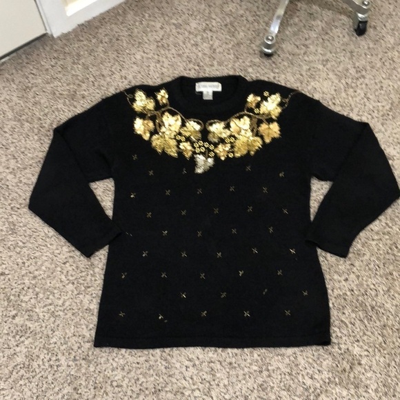Vintage 80s Sweater Size Medium Black Gold Sequin Beaded Grape Vine Leaves - Picture 2 of 7